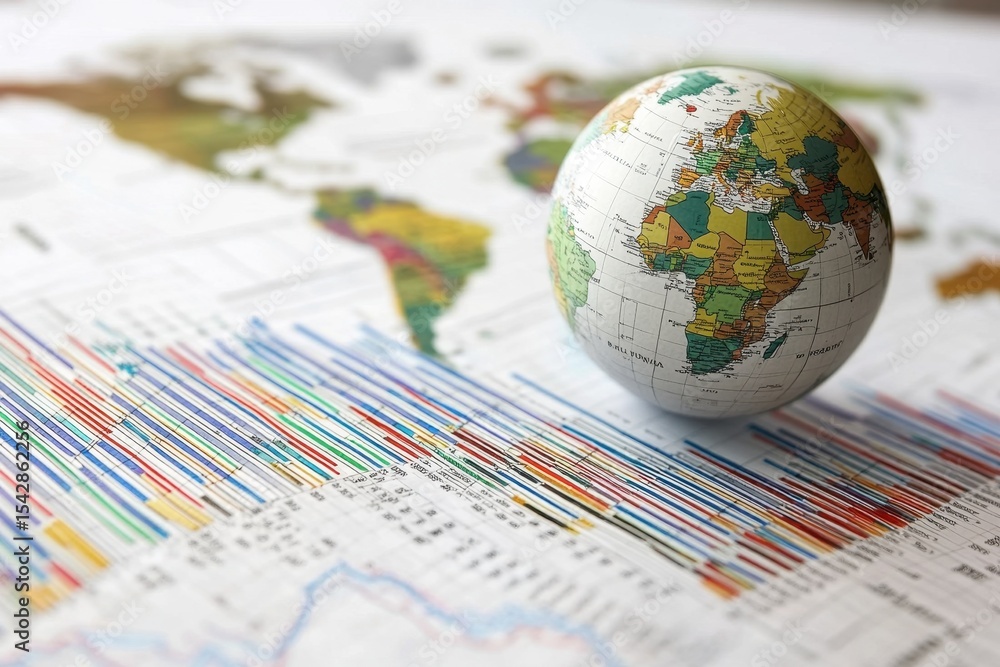 Poster global data processing and analysis represented through charts and a globe on a world map, data proc