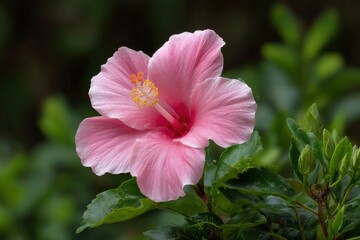 A pink hibiscus flower with yellow stamens is in focus surrounded by green leaves