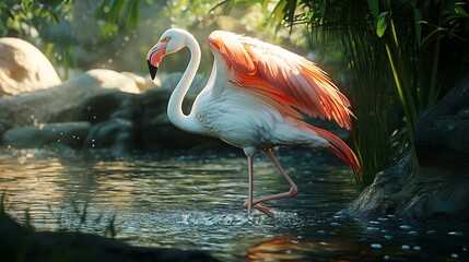 Fototapeta premium Flamingo resting under golden sunset canopy high resolution picture