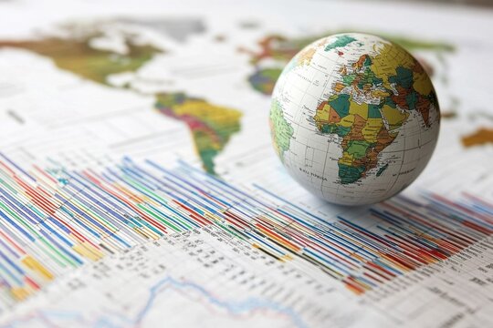 Global data processing and analysis represented through charts and a globe on a world map, data processing and diagrams over globe and world map - Powered by Adobe