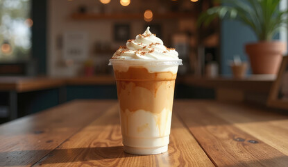 Delicious iced coffee drink with whipped cream on a wooden table