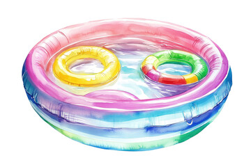 Colorful Inflatable Pool with Float Rings in a Water Splash isolated on transparent white background, clipping path