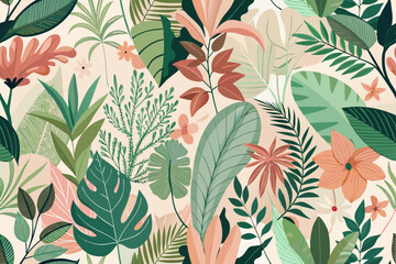 Lush Tropical Foliage Seamless Pattern Design featuring vibrant leaves and flowers ideal for textile prints, wallpaper, and branding projects.