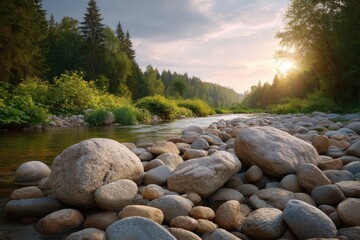 A rocky riverbed leads into a forest under a hazy sky