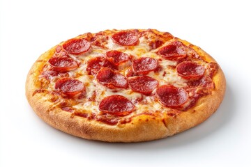 A round pepperoni pizza with melted cheese and a golden crust sits on a white surface