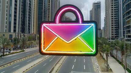 Secure Email Communication Vibrant Rainbow Icon Over Cityscape