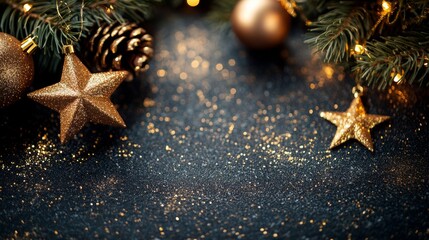 Golden Glitter Christmas Background Stars, Ornaments, Pine, Festive Decor, Christmas Background, Holiday Decor Christmas, Festive