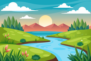 Obraz premium Serene River Landscape Design Featuring Green Hills Sun and Mountains Perfect for Branding and Website Decoration