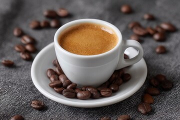 A small white coffee cup sits on a matching saucer circled by coffee beans set on a gray textured surface surrounded by scattered coffee beans