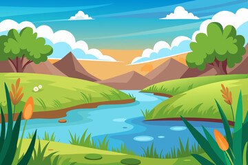 Obraz premium Serene River Landscape Design Featuring Lush Green Meadows and Mountains Ideal for Branding and Website Backgrounds