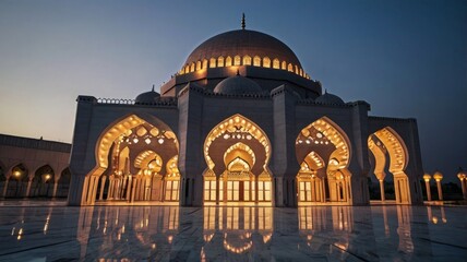 Modern Mosque Architecture Illuminated at Dusk.