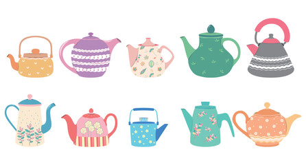 Set of teapots isolated. Cute kettles with ornaments, ceramics, different design crockery, hot drinks mug, kitchen pottery tableware. Isolated appliance for boiling or heating water.