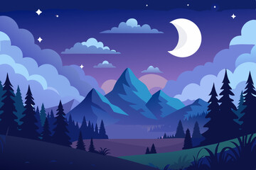 Fototapeta premium Serene Night Landscape Mountainscape Design featuring a crescent moon stars and a forest ideal for branding or logo design