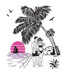 couple in love man and woman walking along the ocean shore vector sketch. tropical landscape with palm trees and pink sunset vector hand drawing