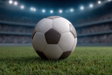 Fototapeta premium A soccer ball rests on green grass in a stadium under bright lights