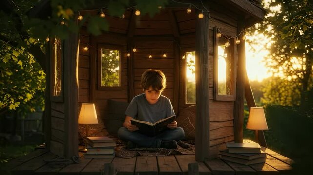 A young boy sits reading in a wooden treehouse at sunset