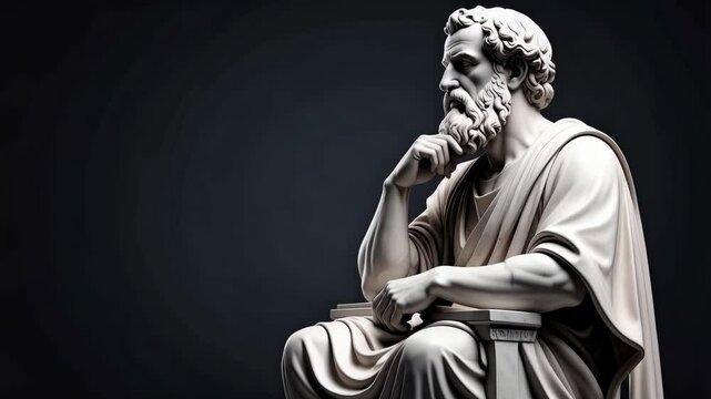 Sculpted bust of bearded man with hand on chin deep in thought sitting on plinth against dark background