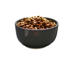 Two bowls of dog food, one brown and one red