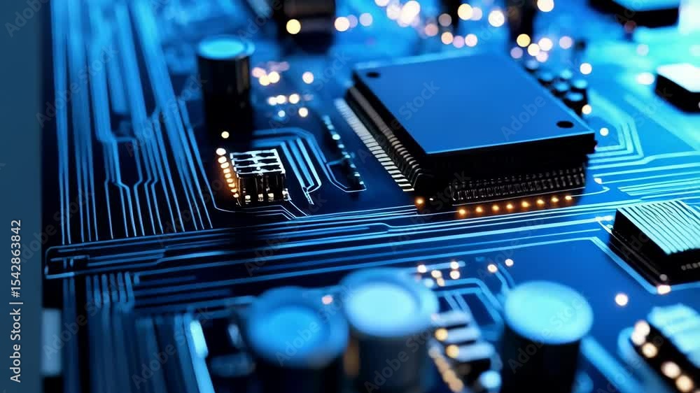 Poster close-up view of a blue computer circuit board with electronic components and glowing connectors for