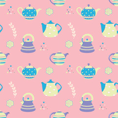 Seamless pattern with teapot, flora and cute elements. Pink background. Perfect for kids design, greeting card design, fabric print, baby shower, wrapping paper design, baby prints, home textiles.