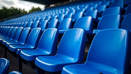 Empty Blue Stadium Seats Waiting for the Crowd to Fill with Sports Event Concept.