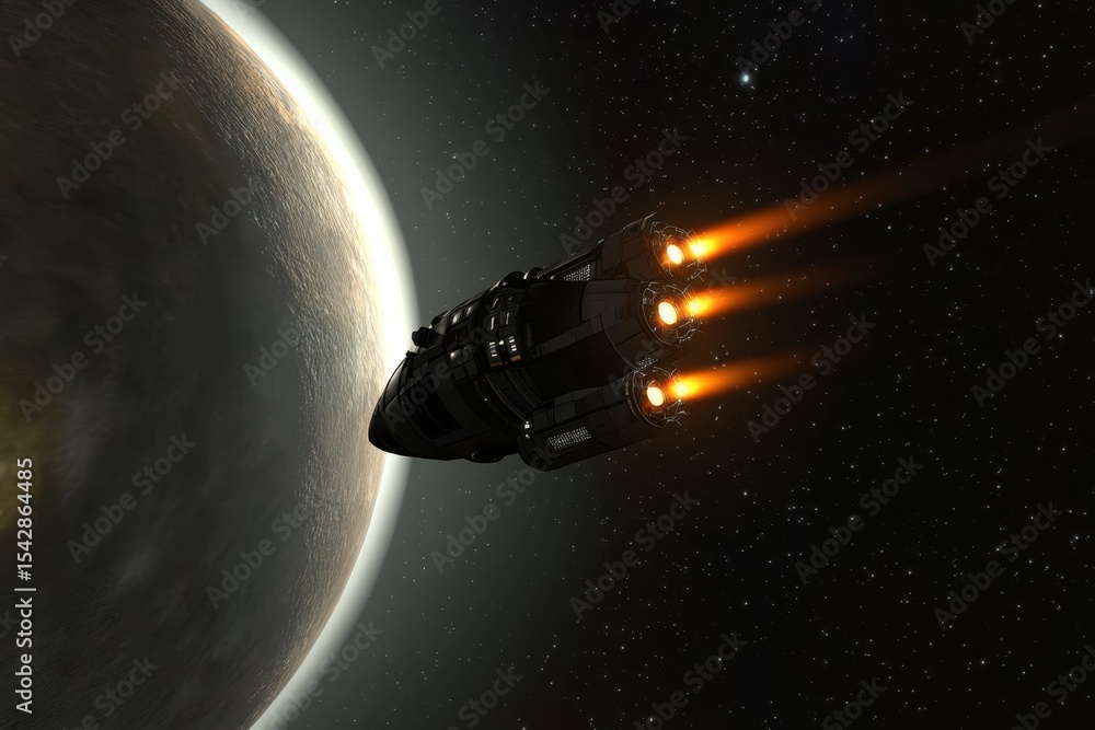 Poster spaceship navigates space while orbiting a distant planet with glowing propulsion flames, a spaceshi