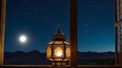 Moon And Arabian Lantern With Blue Sky At Night window view.