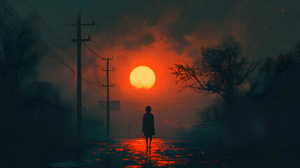 Sun dips below the mountain horizon, painting the sky orange and red over the tranquil lake and through the silhouetted forest
