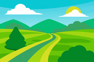 Fototapeta premium Serene Countryside Landscape Winding Road Through Lush Green Hills and Meadows