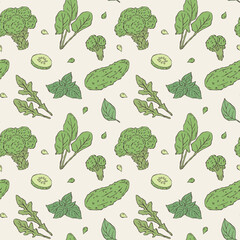 Seamless vector pattern featuring hand-drawn illustrations of broccoli, spinach, arugula, cucumber, and basil in a minimalist doodle style