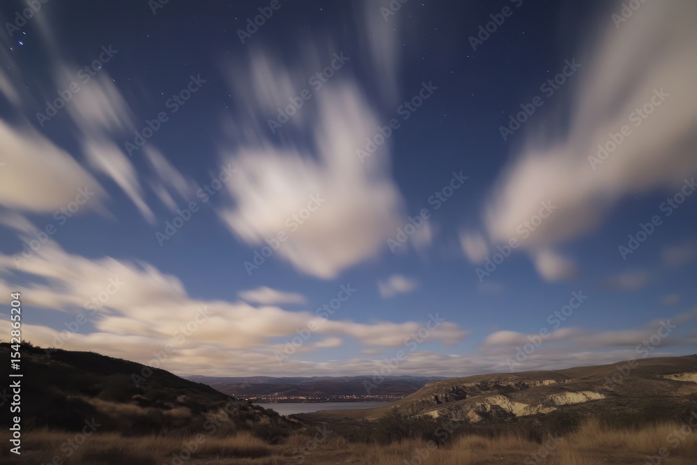Aufkleber mesmerizing time lapse of clouds moving above rugged coastline during nighttime sky, time lapse of c