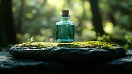 realistic presentation of matte teal bottle on a levitating moss-covered stone slab, misty forest backdrop with diffused diagonal light lines