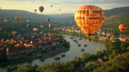 Fototapeta premium Hot Air Balloons Over River Town at Sunset