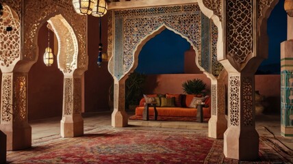 Moroccan archway stage with decorative lanterns.