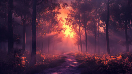 Orange glow of a forest fire under a dramatic sunset sky