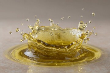 A yellow liquid forms a crownlike splash with droplets suspended midair atop a shallow puddle of the same liquid