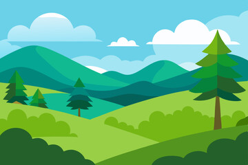 Obraz premium Serene Mountain Landscape Green Hills, Evergreen Trees, and a Tranquil Lake