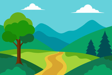 Obraz premium Serene Mountain Landscape A Winding Path Through Lush Green Hills