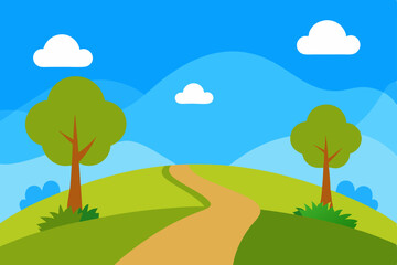 Fototapeta premium Serene Winding Path Through Lush Green Hills A Picturesque Landscape Illustration