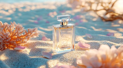 realistic composition of a pale lilac matte perfume bottle on fine beach sand, accented by soft pink flower petals and coral, dreamy lighting with bold diagonal shadows