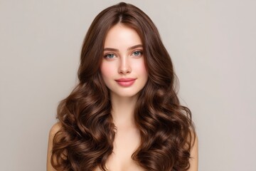 A young woman with blue eyes light skin and long wavy brown hair smiles at the viewer against a light grey backdrop