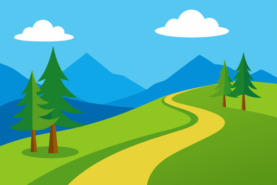Serene Mountain Path A Winding Road Through Lush Green Hills and Blue Mountains