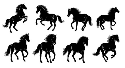Eight Black Silhouettes of Horses in Various Dynamic Poses