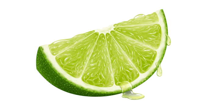 Realistic illustration of a juicy lime wedge with fresh dripping citrus juice