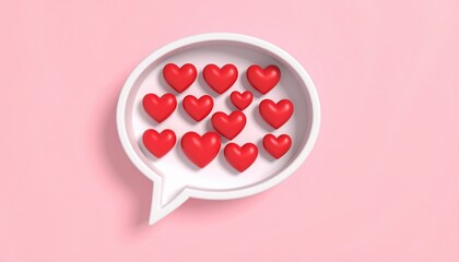 Red hearts inside a white speech bubble on pink backgroundRomantic love message concept