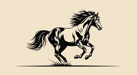 Black and White Stylized Horse in Motion, Galloping with Flowing Mane and Tail