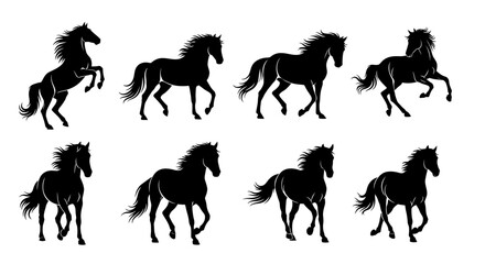 Black Horse Silhouettes in Various Poses, Running, Rearing, and Trotting.