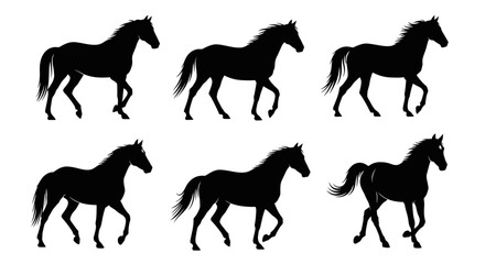 Black Horse Silhouettes in Various Poses, Walking and Trotting