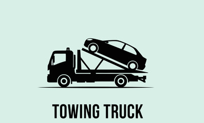 Black Silhouette of a Towing Truck with Car Loaded