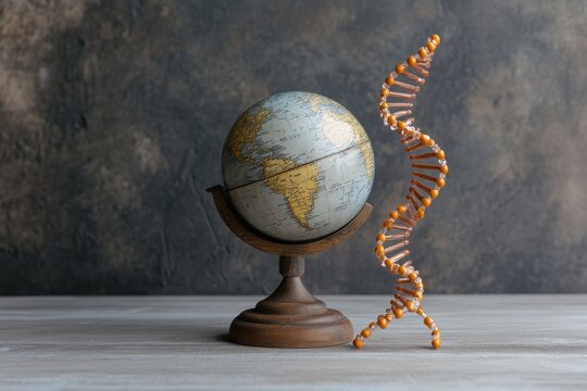 Symbolic representation of global connectivity through DNA and geography on a gray background, dna strands and globe on gray background